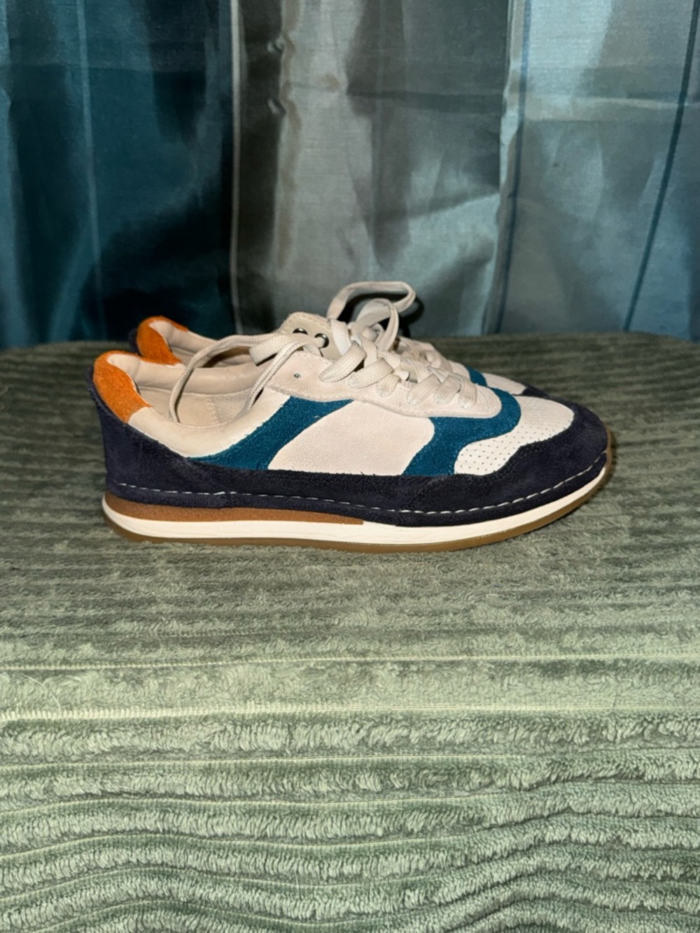 Clarks Women's Suede & Leather Sneakers in White, Navy & Teal with Orange Heel
